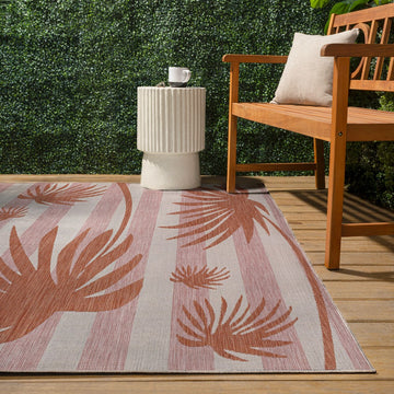 Veronica Classic Beach Stripe And Palm Leaf Indoor/Outdoor Area Rug